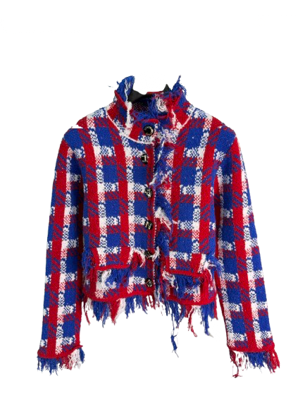 A cropped, distressed plaid jacket featuring a red, white, and blue checkered pattern with frayed edges and button closures, shown against a plain white background.