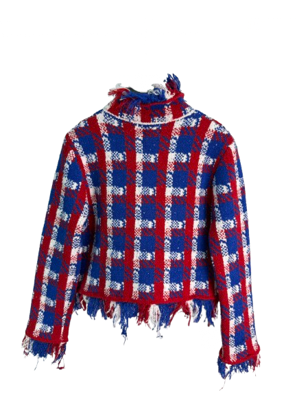 A cropped, long-sleeve plaid turtleneck sweater in a red, white, and blue checkered pattern, featuring frayed fringe detailing along the hem and cuffs, shown against a plain white background.
